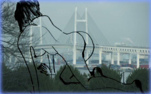 裸婦女性と横浜港の見える丘公園から見えるベイブリッジ：写真